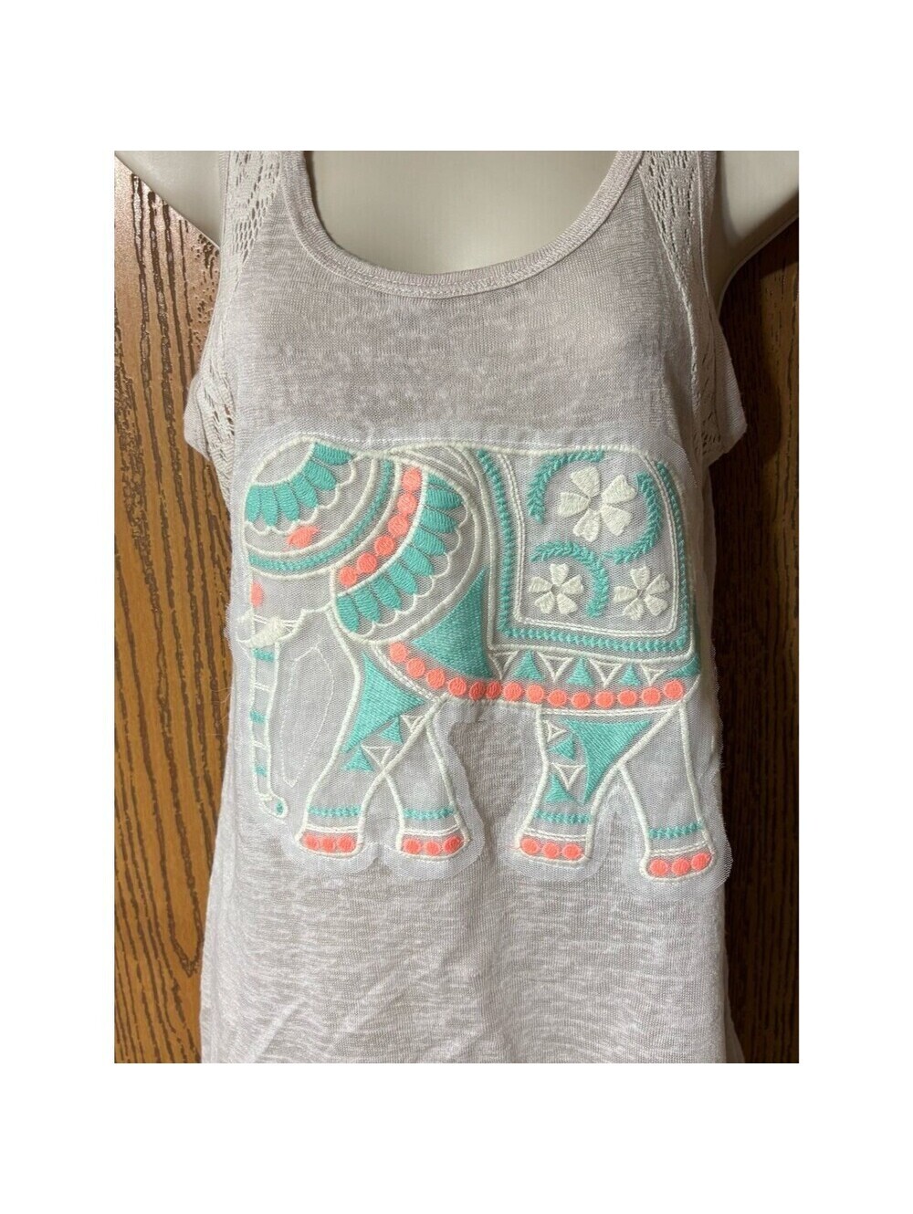 Embroidered Elephant Tank Top - White with Mint & Coral Accents